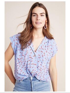 Anthropologie Light Blue V-Neck Short Sleeve Blouse with Fish Print